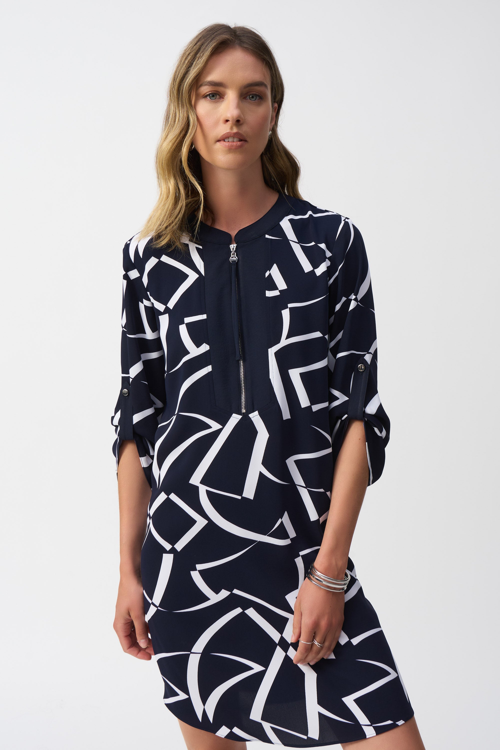 WOVEN GEOMETRIC PRINT STRAIGHT DRESS