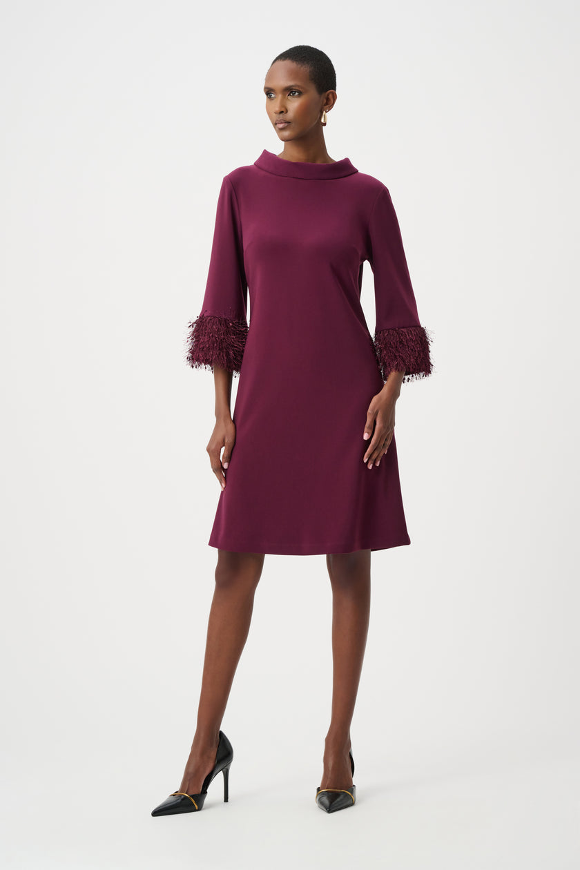 SILKY KNIT AND NOVELTY ALINE DRESS IN ELDERBERRY