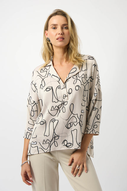 HAMMERED SATIN ABSTRACT FACE PRINT BOXY TOP