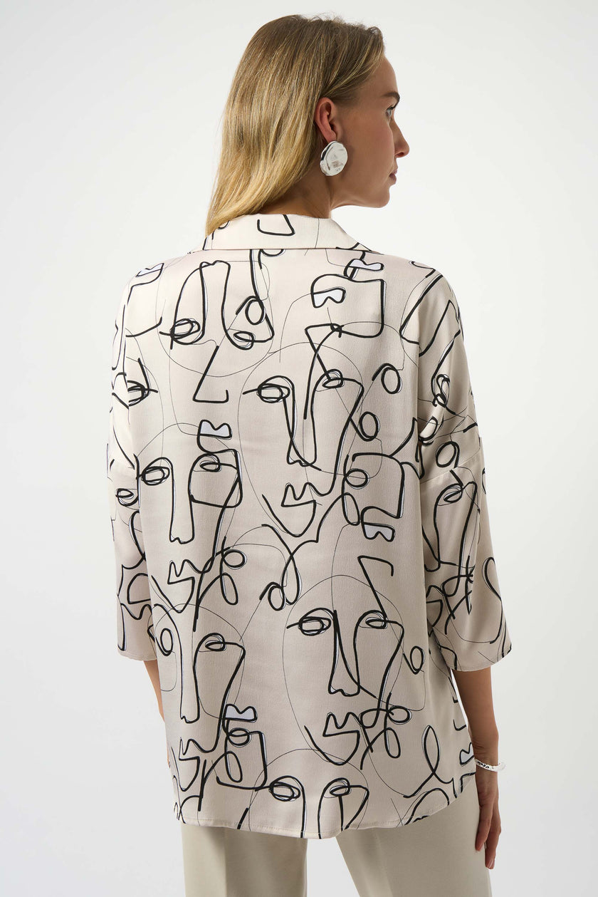 HAMMERED SATIN ABSTRACT FACE PRINT BOXY TOP