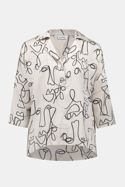HAMMERED SATIN ABSTRACT FACE PRINT BOXY TOP