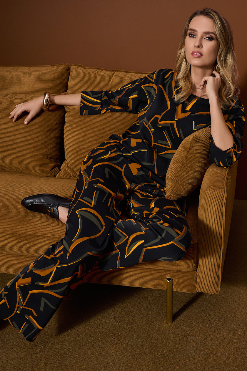 RECYCLED WOVEN GEOMETRIC PRINT WIDE LEG PANTS