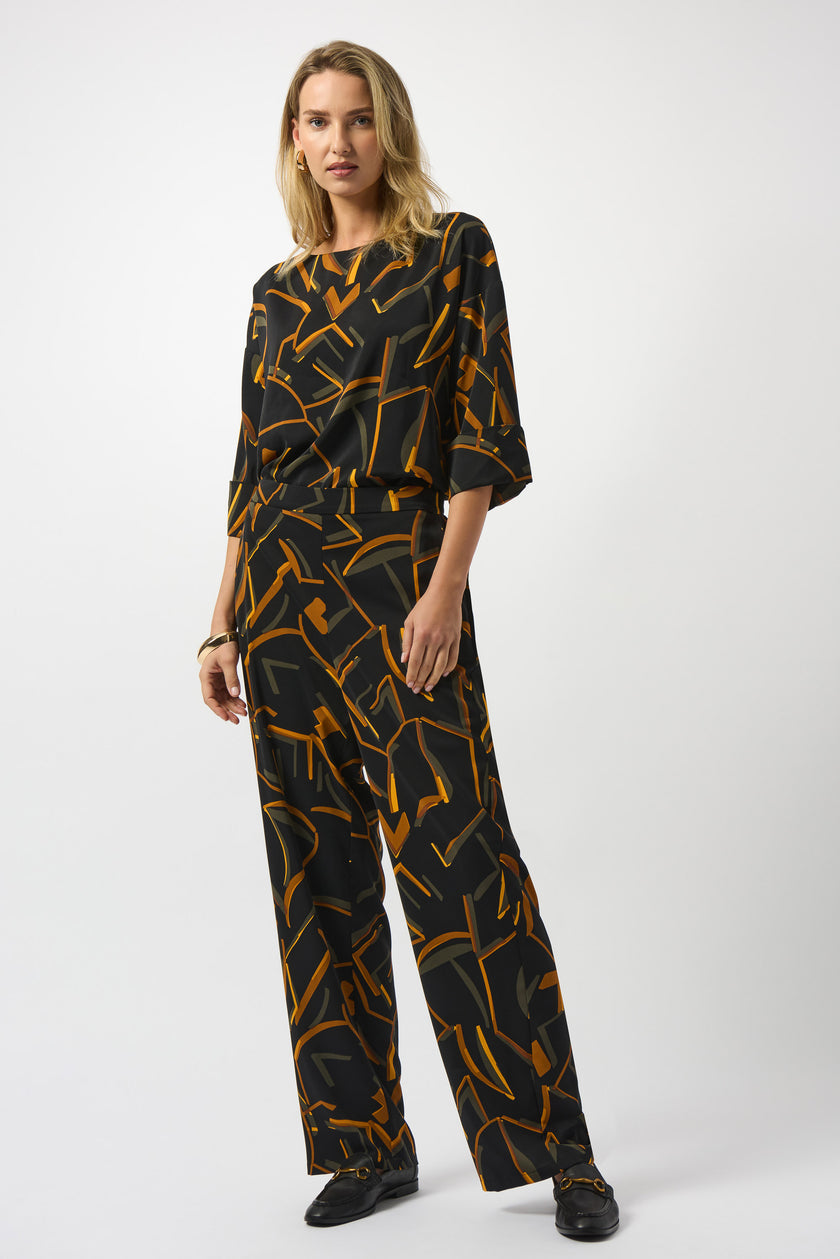 RECYCLED WOVEN GEOMETRIC PRINT WIDE LEG PANTS