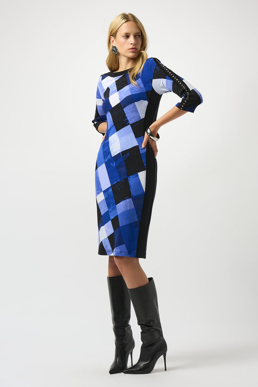 SILKY KNIT PLAID PRINT SHEATH DRESS
