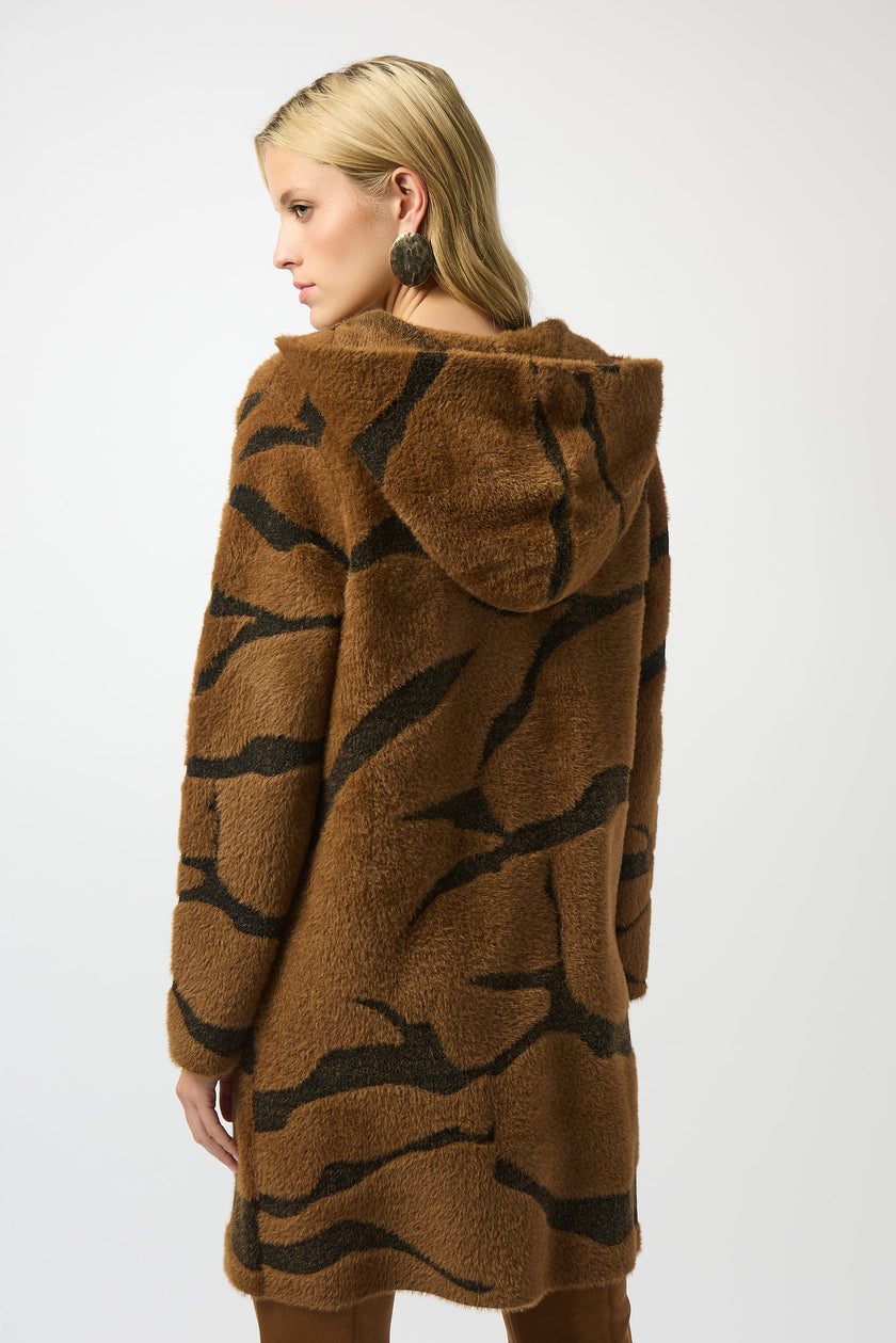 FEATHER YARN ANIMAL JACQUARD HOODED COAT