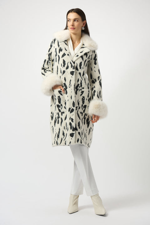 FEATHER YARN ANIMAL JACQUARD COAT WITH FAUX FUR TRIM