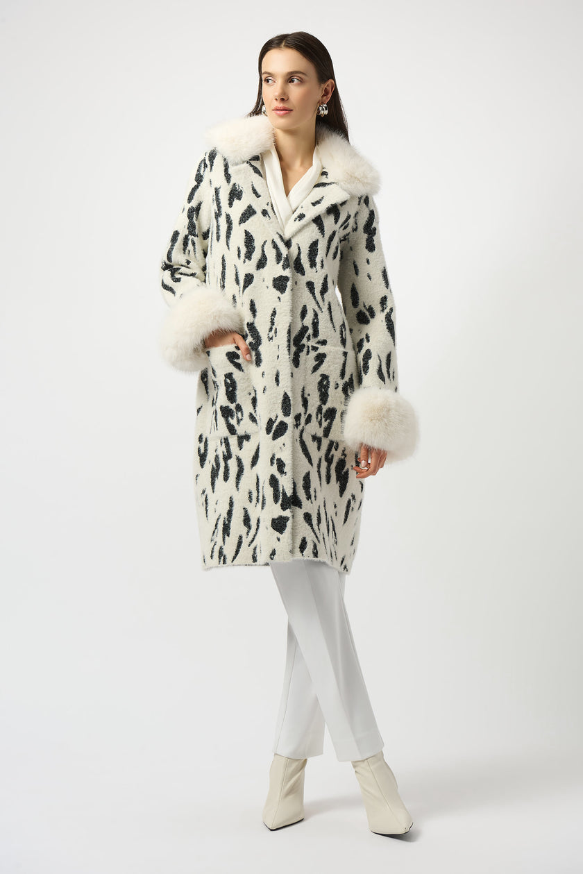 FEATHER YARN ANIMAL JACQUARD COAT WITH FAUX FUR TRIM
