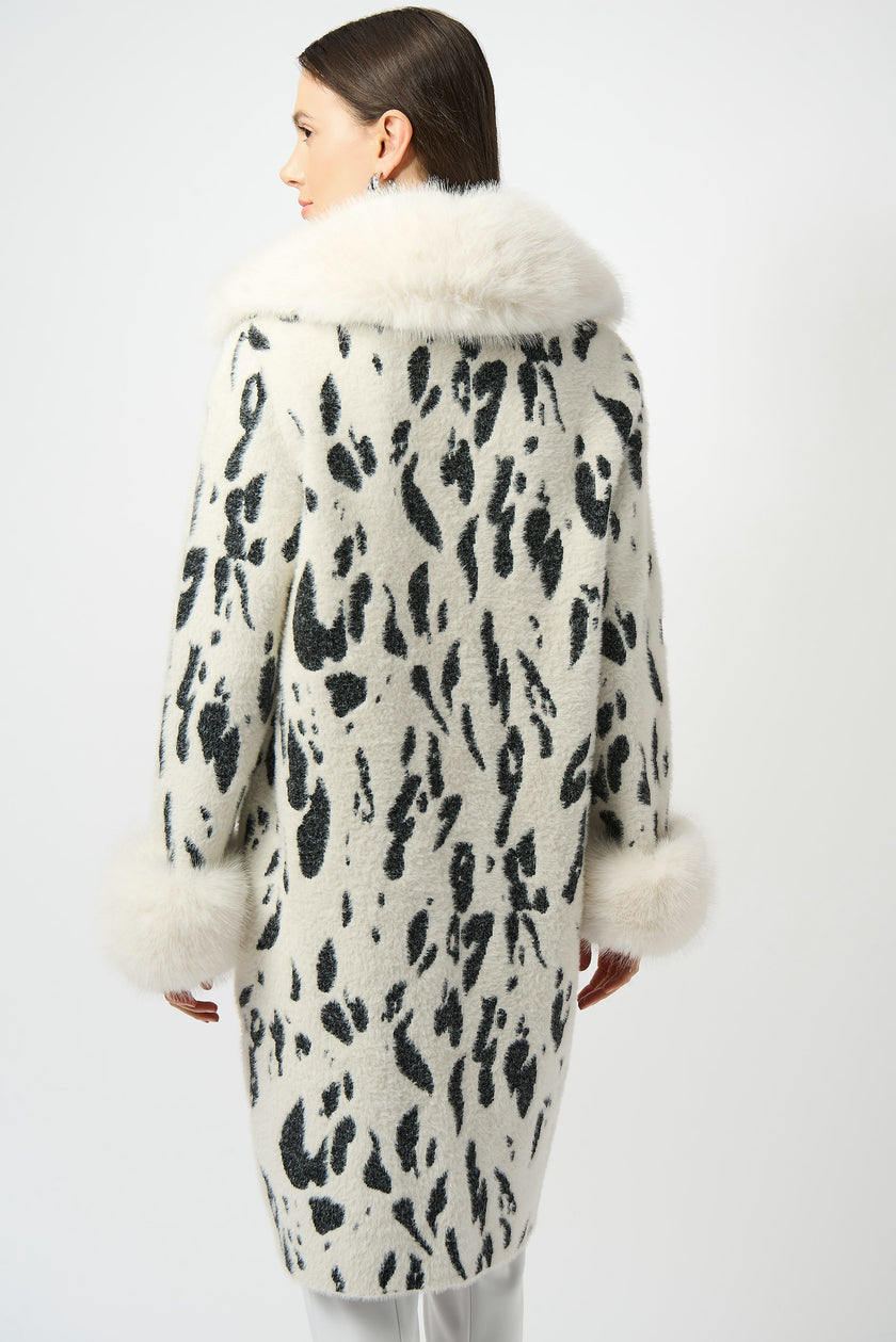 FEATHER YARN ANIMAL JACQUARD COAT WITH FAUX FUR TRIM