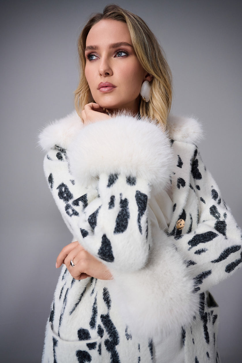 FEATHER YARN ANIMAL JACQUARD COAT WITH FAUX FUR TRIM