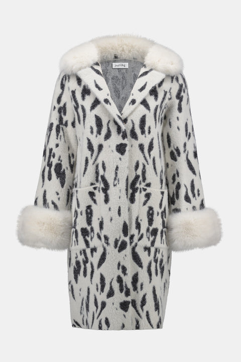 FEATHER YARN ANIMAL JACQUARD COAT WITH FAUX FUR TRIM