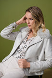 FOILED SUEDE SWING JACKET WITG FAUX FUR COLLAR