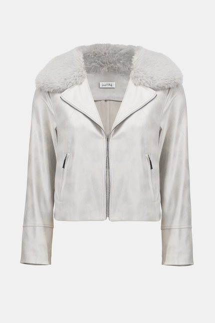 FOILED SUEDE SWING JACKET WITG FAUX FUR COLLAR