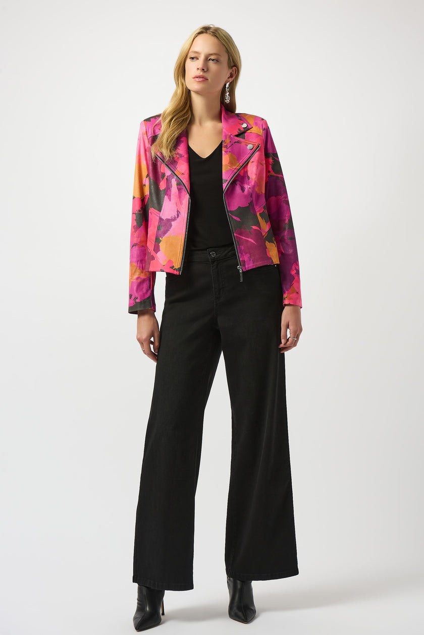 FOILED FAUX SUEDE ABSTRACT PRINT FITTED JACKET