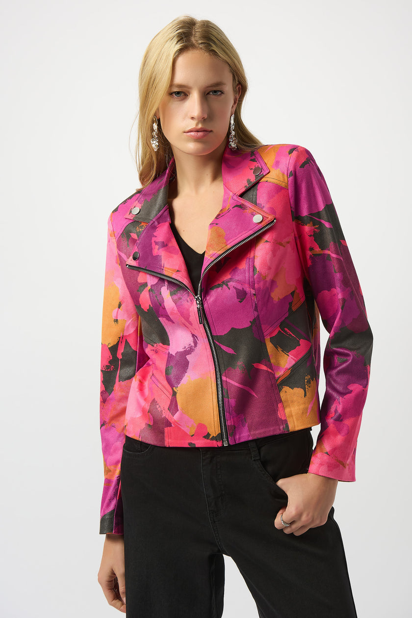 FOILED FAUX SUEDE ABSTRACT PRINT FITTED JACKET