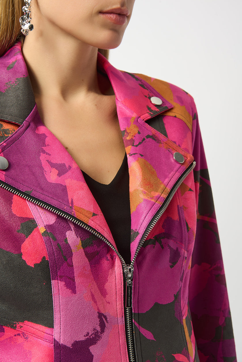 FOILED FAUX SUEDE ABSTRACT PRINT FITTED JACKET