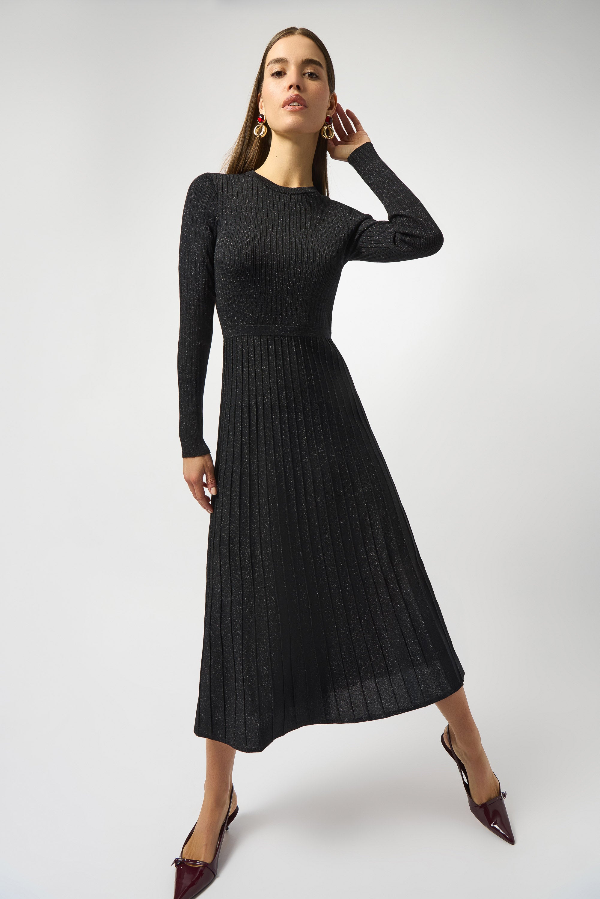 KNIT FIT AND FLARE CREW NECK DRESS