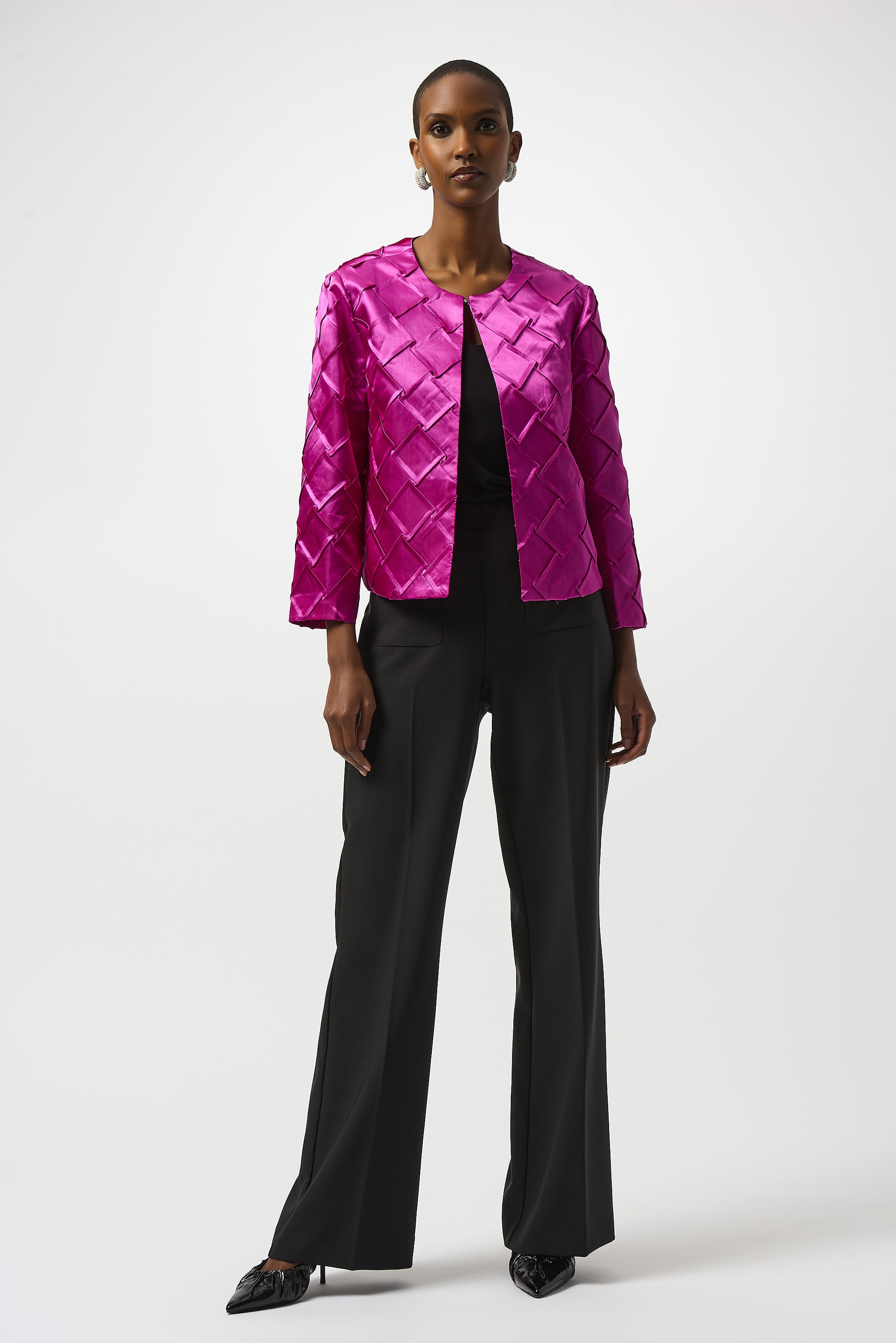 TEXTURED SATIN COLLARLESS JACKET