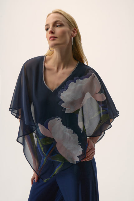 CHIFFON AND SILKY KNIT FLORAL PRINT POCHO TOP