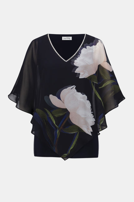CHIFFON AND SILKY KNIT FLORAL PRINT POCHO TOP