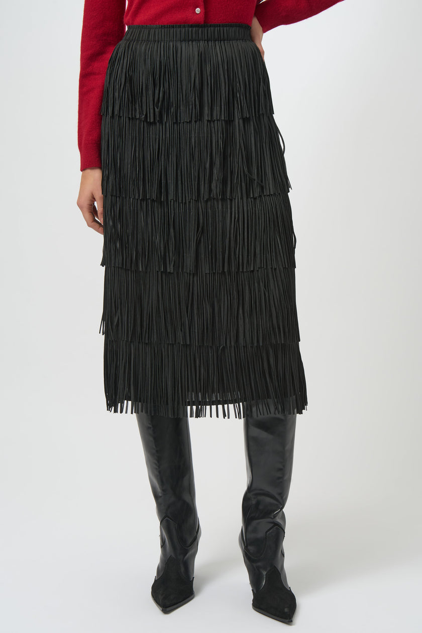 PLEATED PENCIL SKIRT WITH TIERED FRINGES