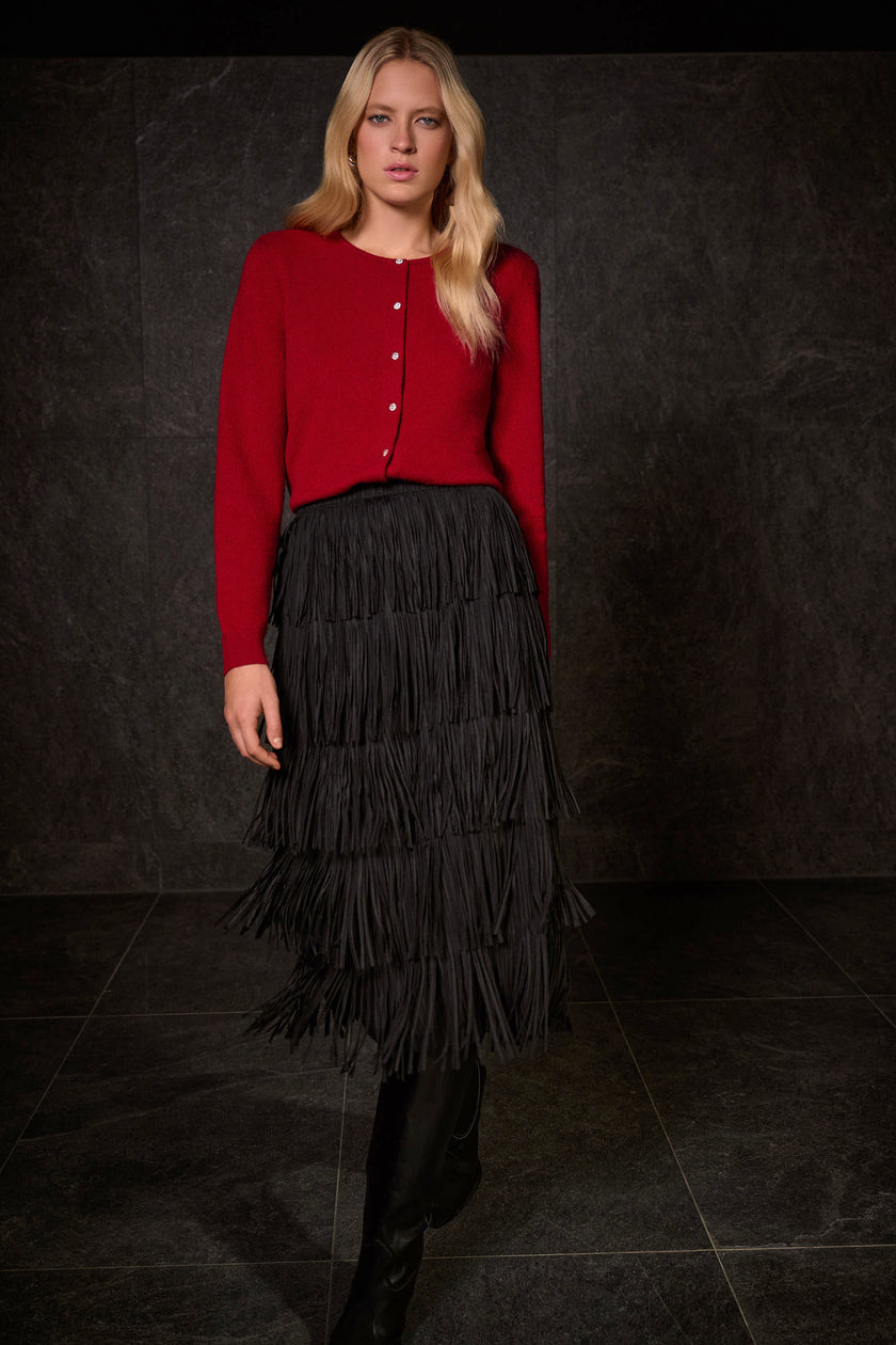 PLEATED PENCIL SKIRT WITH TIERED FRINGES