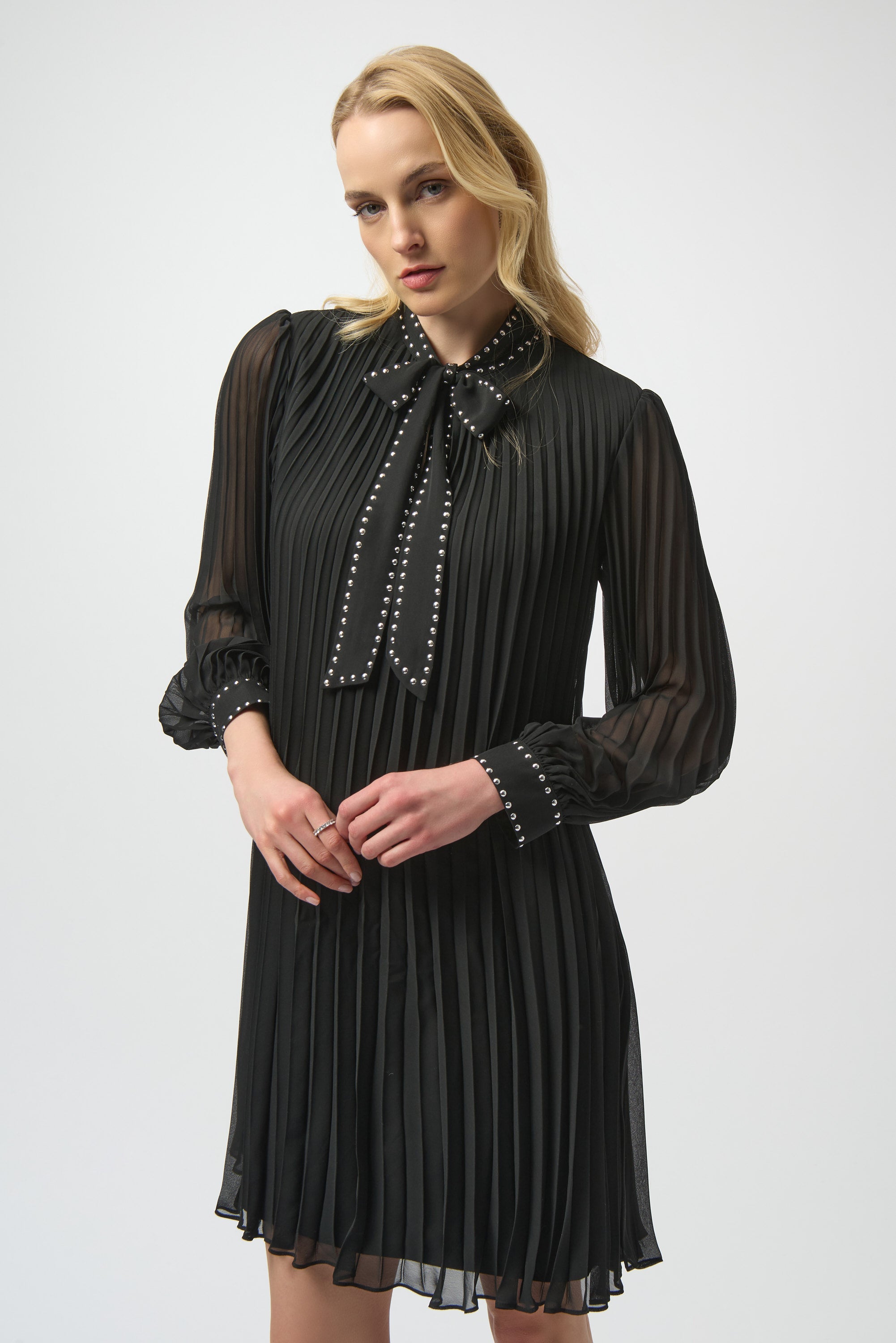 PLEATED CHIFFON ALINE DRESS WITH NECK TIE