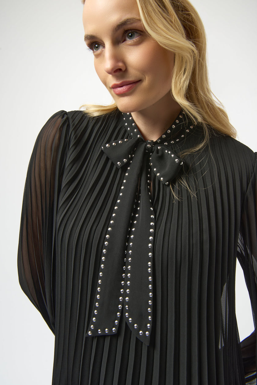 PLEATED CHIFFON ALINE DRESS WITH NECK TIE