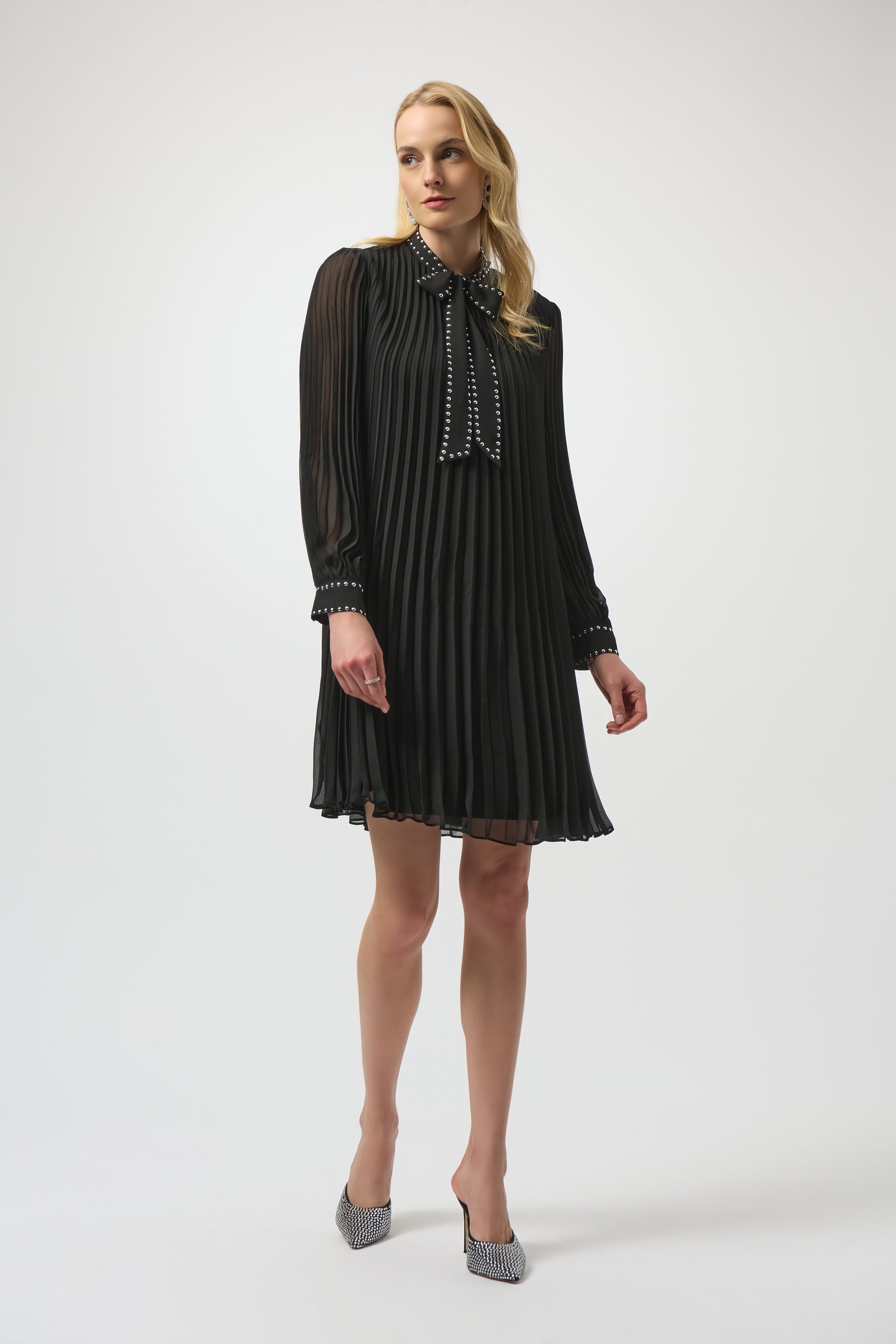 PLEATED CHIFFON ALINE DRESS WITH NECK TIE