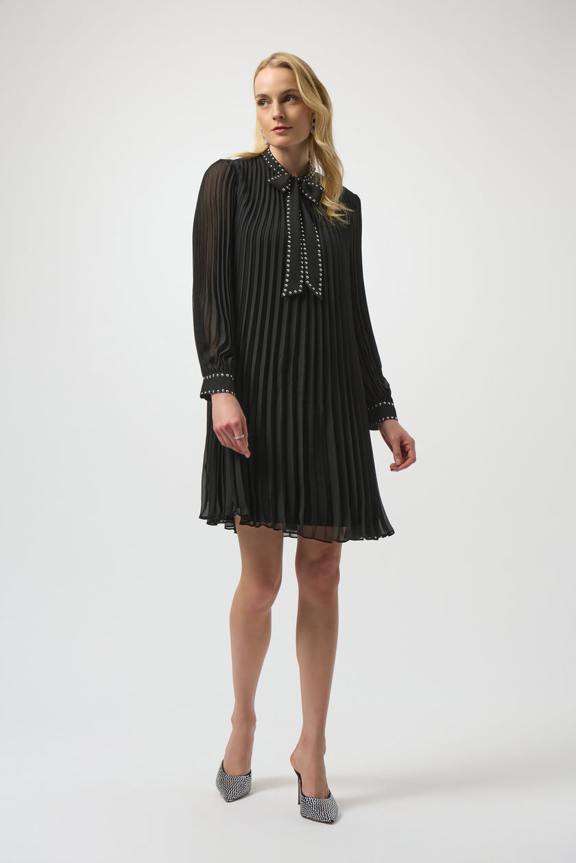 PLEATED CHIFFON ALINE DRESS WITH NECK TIE