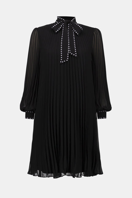 PLEATED CHIFFON ALINE DRESS WITH NECK TIE