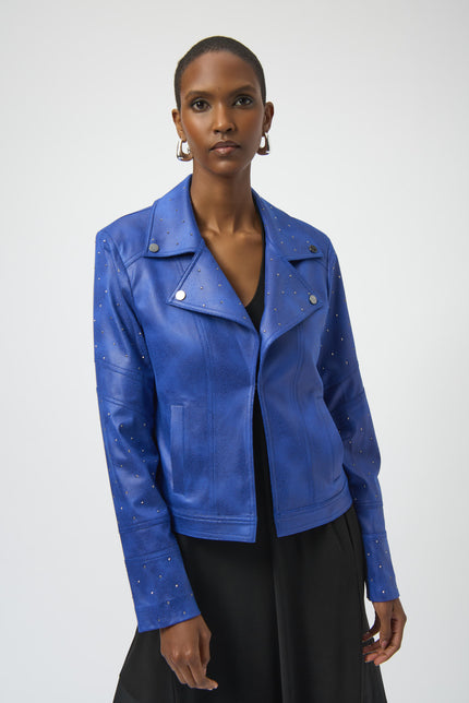FOILED FAUX SUEDE FITTED JACKET WITH RHINESTONES