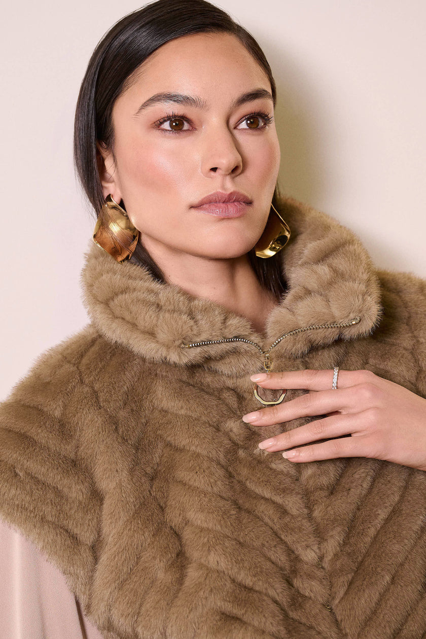 CHEVRON FAUX FUR MOCK NECK VEST