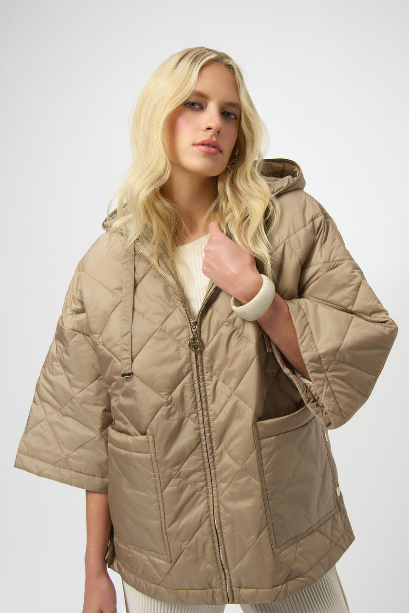 WOVEN DIAMOND QUILT HOODED OUTDOOR JACKET