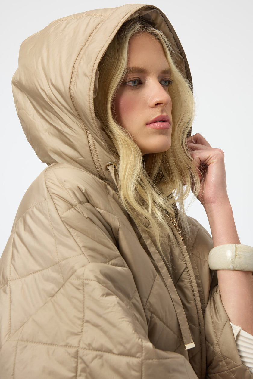 WOVEN DIAMOND QUILT HOODED OUTDOOR JACKET
