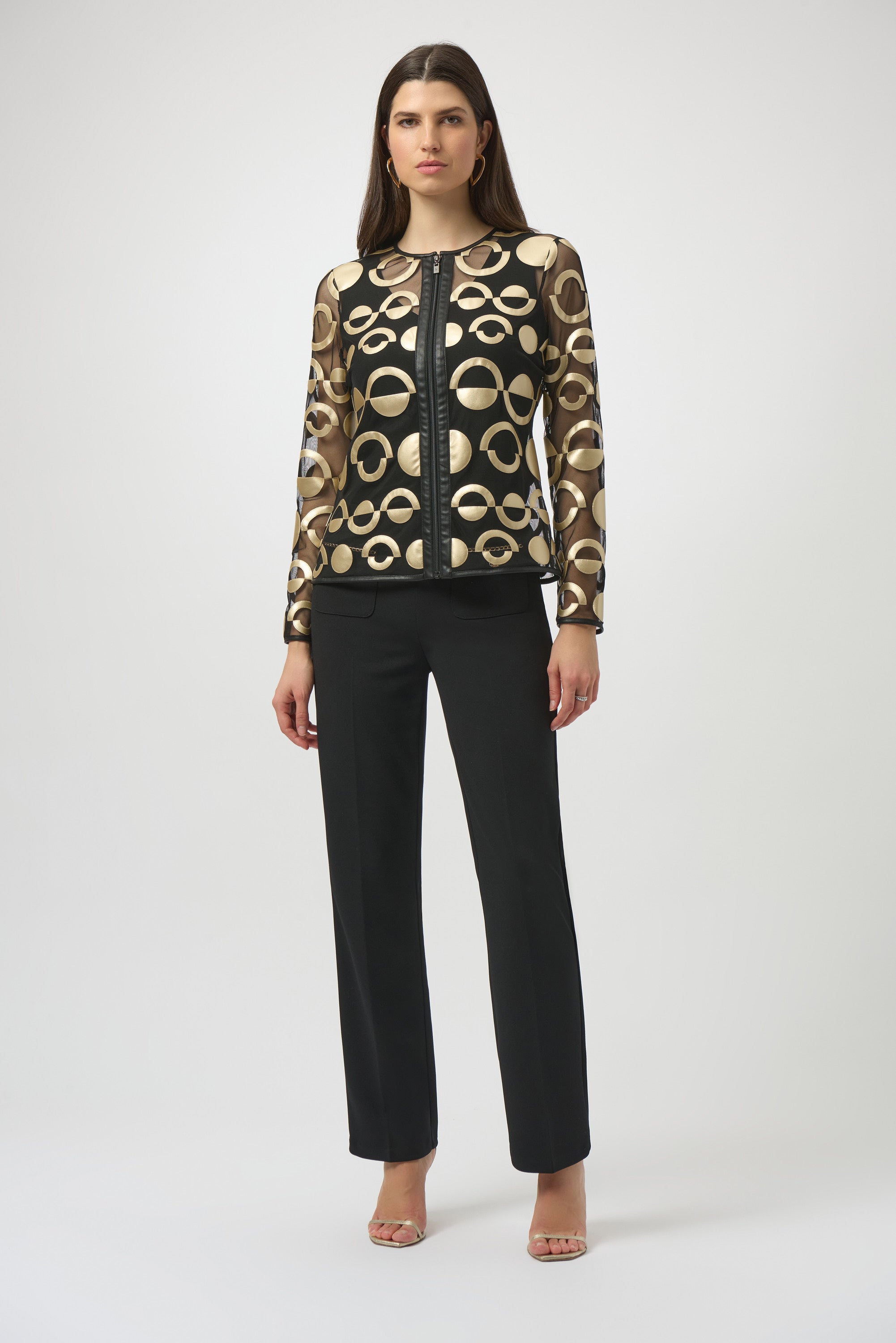 MESH AND LEATHERETTE COLLARLESS JACKET