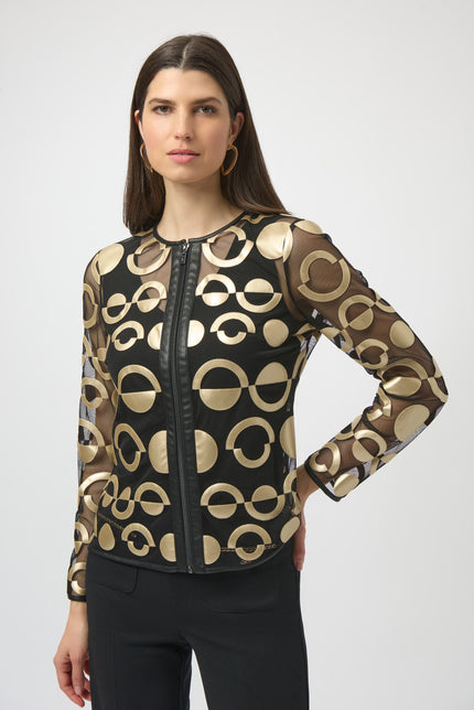 MESH AND LEATHERETTE COLLARLESS JACKET