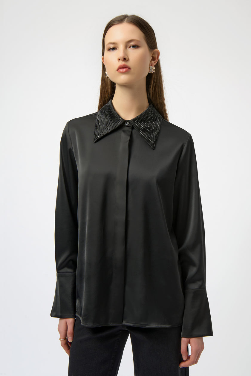 SATIN BUTTON FRONT BLOUSE WITH EMBELLISHED COLLAR