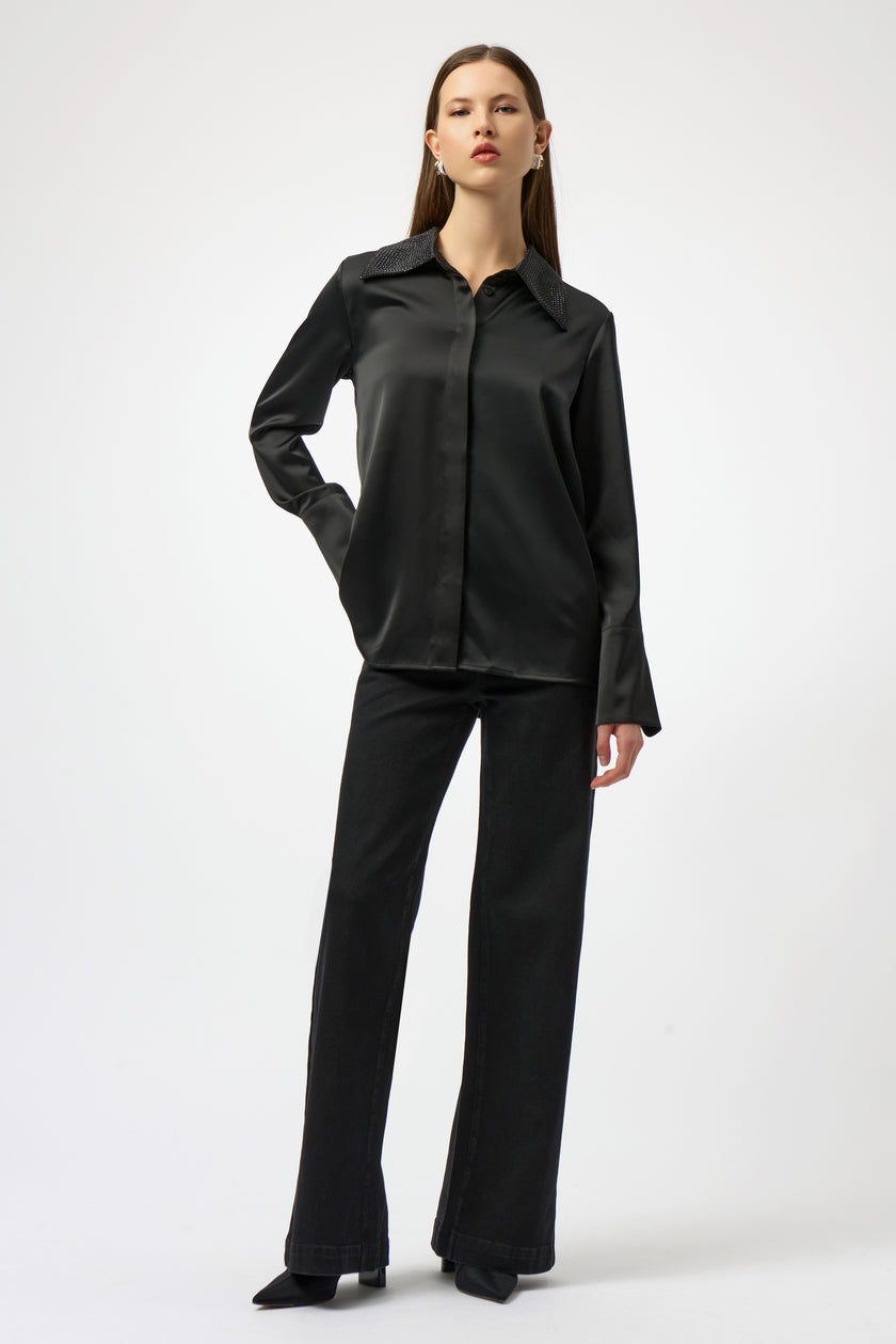 SATIN BUTTON FRONT BLOUSE WITH EMBELLISHED COLLAR