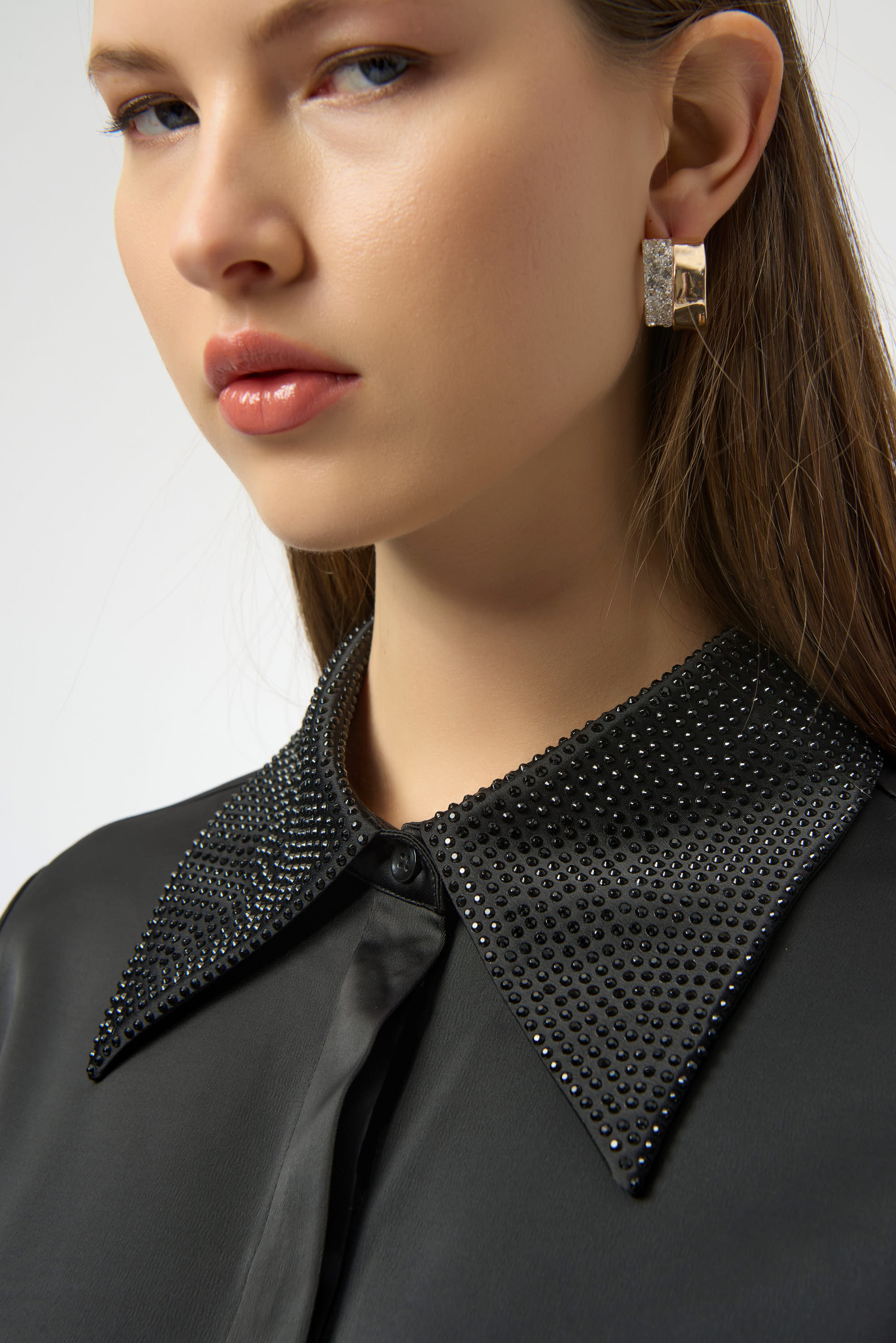 SATIN BUTTON FRONT BLOUSE WITH EMBELLISHED COLLAR