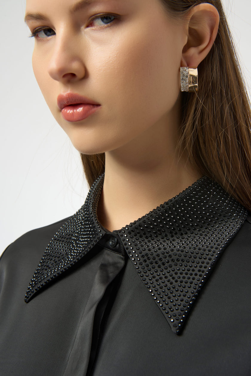 SATIN BUTTON FRONT BLOUSE WITH EMBELLISHED COLLAR