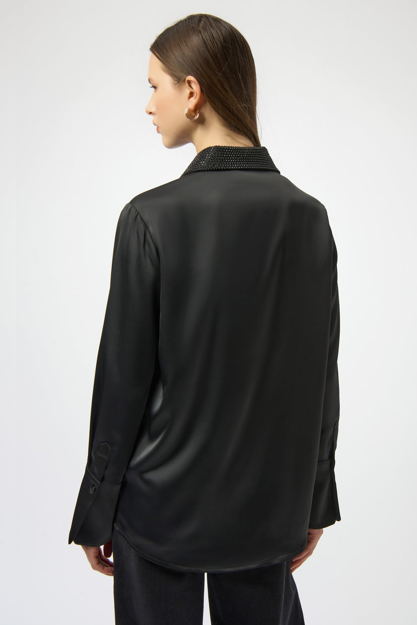 SATIN BUTTON FRONT BLOUSE WITH EMBELLISHED COLLAR