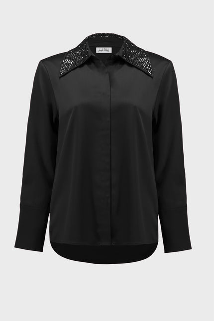 SATIN BUTTON FRONT BLOUSE WITH EMBELLISHED COLLAR