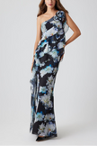 OFF SHOULDER FLORAL RUFFLE GOWN WITH ROSETTE DETAIL