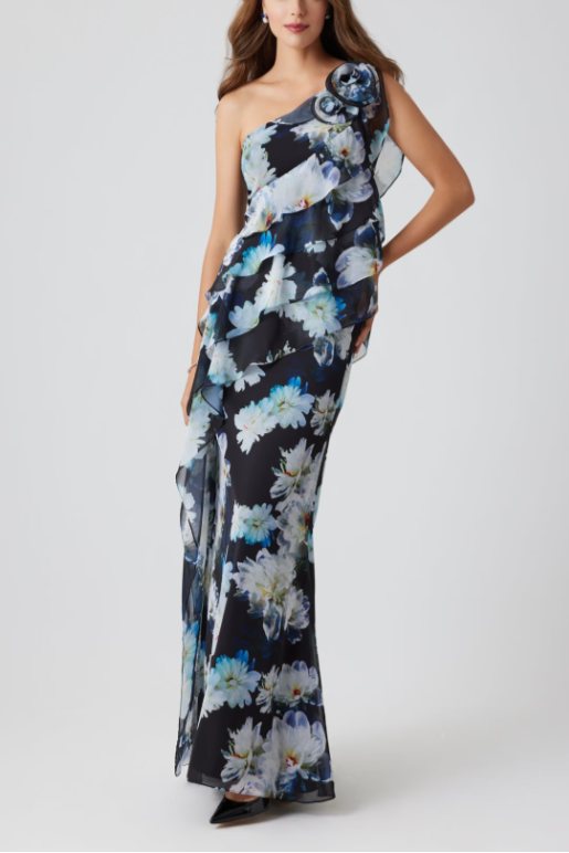 OFF SHOULDER FLORAL RUFFLE GOWN WITH ROSETTE DETAIL