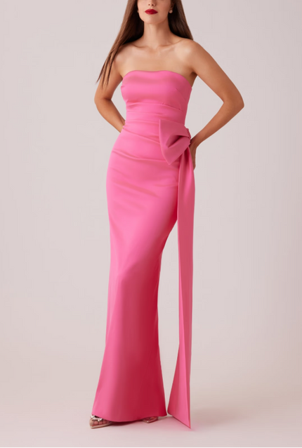 STRETCH MIKADO STRAPLESS SIDE BOW GOWN IN WATERMELON