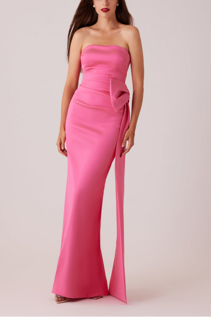 STRETCH MIKADO STRAPLESS SIDE BOW GOWN IN WATERMELON
