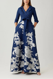 METALLIC JACQUARD FLORAL SHIRTDRESS GOWN IN NAVY SILVER