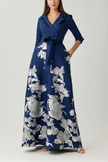 METALLIC JACQUARD FLORAL SHIRTDRESS GOWN IN NAVY SILVER