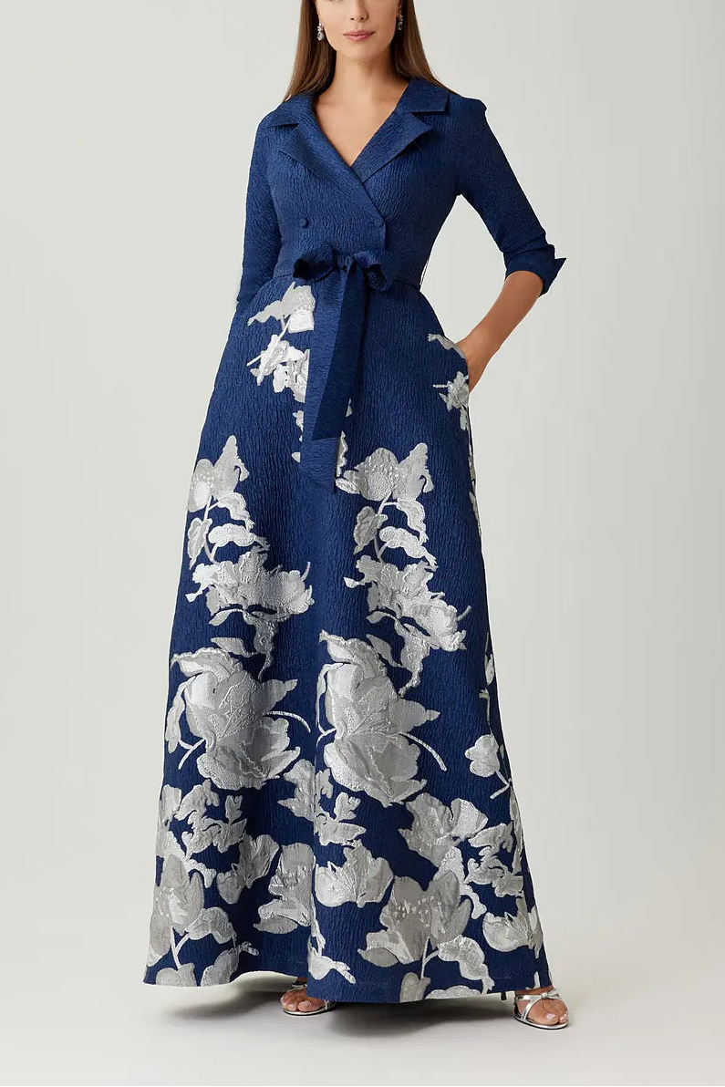 METALLIC JACQUARD FLORAL SHIRTDRESS GOWN IN NAVY SILVER