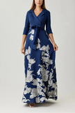 METALLIC JACQUARD FLORAL SHIRTDRESS GOWN IN NAVY SILVER